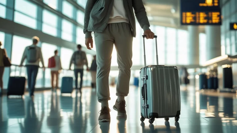 Pessoa com mala de rodinhas em aeroporto, simbolizando a preparação e como arrumar mala de viagem de forma prática.