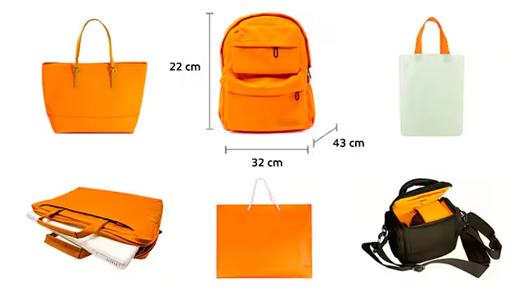 Diferentes tipos de bolsas e mochilas, exemplificando opções versáteis para como arrumar mala de viagem e bagagem de mão.