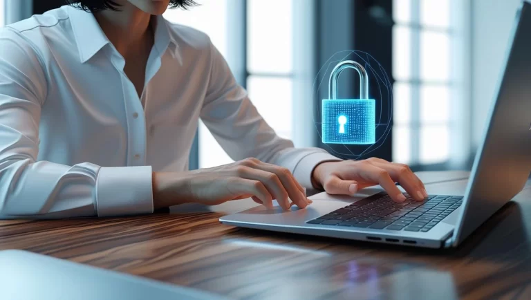 Mulher digitando em um laptop com um cadeado digital brilhante sobre as mãos, representando a necessidade de criar senhas fortes para segurança online.