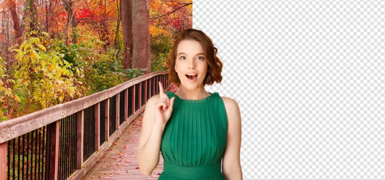 Mulher surpresa em vestido verde, metade com fundo de outono e a outra metade com fundo transparente, ilustrando como remover fundo de imagem.